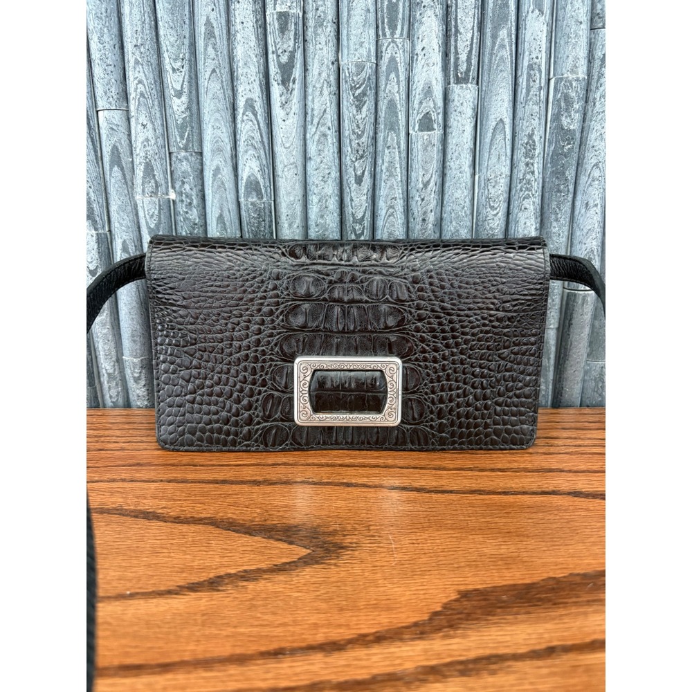 Brighton Black Croc Embossed Leather Crossbody Wallet Organizer Bag Silver Buck
